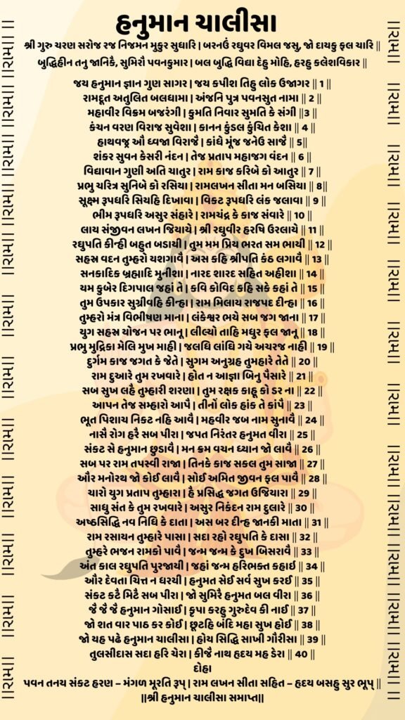 હનુમાન ચાલીસા ગુજરાતી

શ્રી હનુમાન્ ચાલીસા

દોહા

શ્રી ગુરુ ચરણ સરોજ રજ નિજમન મુકુર સુધારિ |
બરનઉં રઘુવર વિમલ જસુ, જો દાયકુ ફલ ચારિ ‖
બુદ્ધિહીન તનુ જાનિકૈ, સુમિરૌ પવનકુમાર |
બલ બુદ્ધિ વિદ્યા દેહુ મોહિ, હરહુ કલેશવિકાર ‖

ચૌપાઈ

જય હનુમાન જ્ઞાન ગુણ સાગર |
જય કપીશ તિહુ લોક ઉજાગર ‖ 1 ‖

રામદૂત અતુલિત બલધામા |
અંજનિ પુત્ર પવનસુત નામા ‖ 2 ‖

મહાવીર વિક્રમ બજરંગી |
કુમતિ નિવાર સુમતિ કે સંગી ‖3 ‖

કંચન વરણ વિરાજ સુવેશા |
કાનન કુંડલ કુંચિત કેશા ‖ 4 ‖

હાથવજ્ર ઔ ધ્વજા વિરાજૈ |
કાંધે મૂંજ જનેઉ સાજૈ ‖ 5‖

શંકર સુવન કેસરી નંદન |
તેજ પ્રતાપ મહાજગ વંદન ‖ 6 ‖

વિદ્યાવાન ગુણી અતિ ચાતુર |
રામ કાજ કરિબે કો આતુર ‖ 7 ‖

પ્રભુ ચરિત્ર સુનિબે કો રસિયા |
રામલખન સીતા મન બસિયા ‖ 8‖

સૂક્ષ્મ રૂપધરિ સિયહિ દિખાવા |
વિકટ રૂપધરિ લંક જલાવા ‖ 9 ‖

ભીમ રૂપધરિ અસુર સંહારે |
રામચંદ્ર કે કાજ સંવારે ‖ 10 ‖

લાય સંજીવન લખન જિયાયે |
શ્રી રઘુવીર હરષિ ઉરલાયે ‖ 11 ‖

રઘુપતિ કીન્હી બહુત બડાયી |
તુમ મમ પ્રિય ભરત સમ ભાયી ‖ 12 ‖

સહસ્ર વદન તુમ્હરો યશગાવૈ |
અસ કહિ શ્રીપતિ કંઠ લગાવૈ ‖ 13 ‖

સનકાદિક બ્રહ્માદિ મુનીશા |
નારદ શારદ સહિત અહીશા ‖ 14 ‖

યમ કુબેર દિગપાલ જહાં તે |
કવિ કોવિદ કહિ સકે કહાં તે ‖ 15 ‖

તુમ ઉપકાર સુગ્રીવહિ કીન્હા |
રામ મિલાય રાજપદ દીન્હા ‖ 16 ‖

તુમ્હરો મંત્ર વિભીષણ માના |
લંકેશ્વર ભયે સબ જગ જાના ‖ 17 ‖

યુગ સહસ્ર યોજન પર ભાનૂ |
લીલ્યો તાહિ મધુર ફલ જાનૂ ‖ 18 ‖

પ્રભુ મુદ્રિકા મેલિ મુખ માહી |
જલધિ લાંઘિ ગયે અચરજ નાહી ‖ 19 ‖

દુર્ગમ કાજ જગત કે જેતે |
સુગમ અનુગ્રહ તુમહારે તેતે ‖ 20 ‖

રામ દુઆરે તુમ રખવારે |
હોત ન આજ્ઞા બિનુ પૈસારે ‖ 21 ‖

સબ સુખ લહૈ તુમ્હારી શરણા |
તુમ રક્ષક કાહૂ કો ડર ના ‖ 22 ‖

આપન તેજ સમ્હારો આપૈ |
તીનોં લોક હાંક તે કાંપૈ ‖ 23 ‖

ભૂત પિશાચ નિકટ નહિ આવૈ |
મહવીર જબ નામ સુનાવૈ ‖ 24 ‖

નાસૈ રોગ હરૈ સબ પીરા |
જપત નિરંતર હનુમત વીરા ‖ 25 ‖

સંકટ સે હનુમાન છુડાવૈ |
મન ક્રમ વચન ધ્યાન જો લાવૈ ‖ 26 ‖

સબ પર રામ તપસ્વી રાજા |
તિનકે કાજ સકલ તુમ સાજા ‖ 27 ‖

ઔર મનોરથ જો કોઈ લાવૈ |
સોઈ અમિત જીવન ફલ પાવૈ ‖ 28 ‖

ચારો યુગ પ્રતાપ તુમ્હારા |
હૈ પ્રસિદ્ધ જગત ઉજિયારા ‖ 29 ‖

સાધુ સંત કે તુમ રખવારે |
અસુર નિકંદન રામ દુલારે ‖ 30 ‖

અષ્ઠસિદ્ધિ નવ નિધિ કે દાતા |
અસ બર દીન્હ જાનકી માતા ‖ 31 ‖

રામ રસાયન તુમ્હારે પાસા |
સદા રહો રઘુપતિ કે દાસા ‖ 32 ‖

તુમ્હરે ભજન રામકો પાવૈ |
જન્મ જન્મ કે દુખ બિસરાવૈ ‖ 33 ‖

અંત કાલ રઘુપતિ પુરજાયી |
જહાં જન્મ હરિભક્ત કહાઇ ‖ 34 ‖

ઔર દેવતા ચિત્ત ન ધરયી |
હનુમત સેઈ સર્વ સુખ કરઈ ‖ 35 ‖

સંકટ કટૈ મિટૈ સબ પીરા |
જો સુમિરૈ હનુમત બલ વીરા ‖ 36 ‖

જૈ જૈ જૈ હનુમાન ગોસાઈ |
કૃપા કરહુ ગુરુદેવ કી નાઈ ‖ 37 ‖

જો શત વાર પાઠ કર કોઈ |
છૂટહિ બંદિ મહા સુખ હોઈ ‖ 38 ‖

જો યહ પઢે હનુમાન ચાલીસા |
હોય સિદ્ધિ સાખી ગૌરીસા ‖ 39 ‖

તુલસીદાસ સદા હરિ ચેરા |
કીજૈ નાથ હૃદય મહ ડેરા ‖ 40 ‖

દોહા

પવન તનય સંકટ હરણ - મંગળ મૂરતિ રૂપ્ |
રામ લખન સીતા સહિત - હૃદય બસહુ સુર ભૂપ્ ‖

||શ્રી હનુમાન ચાલીસા સમાપ્ત||