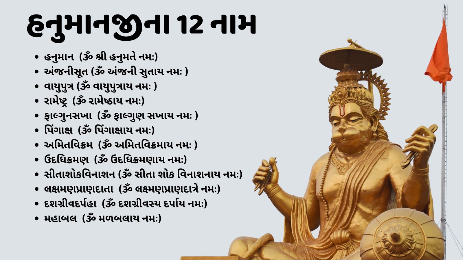 હનુમાનજીના 12 નામ - Hanumanji 12 Name in Gujarati હનુમાન (ૐ શ્રી હનુમતે નમઃ) અંજનીસૂત (ૐ અંજની સુતાય નમઃ ) વાયુપુત્ર (ૐ વાયુપુત્રાય નમઃ ) રામેષ્ટ્ર (ૐ રામેષ્ઠાય નમઃ) ફાલ્ગુનસખા (ૐ ફાલ્ગુણ સખાય નમઃ ) પિંગાક્ષ (ૐ પિંગાક્ષાય નમઃ) અમિતવિક્રમ (ૐ અમિતવિક્રમાય નમઃ ) ઉદધિક્રમણ (ૐ ઉદધિક્રમણાય નમઃ) સીતાશોકવિનાશન (ૐ સીતા શોક વિનાશનાય નમઃ) લક્ષમણપ્રાણદાતા (ૐ લક્ષ્મણપ્રાણદાત્રે નમઃ) દશગ્રીવદર્પહા (ૐ દશગ્રીવસ્ય દર્પાય નમઃ) મહાબલ (ૐ મળબલાય નમઃ)